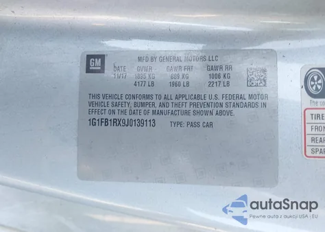 2018 Chevrolet Camaro 1Lt from USA, damaged, VIN 1G1FB1RX9J0139113